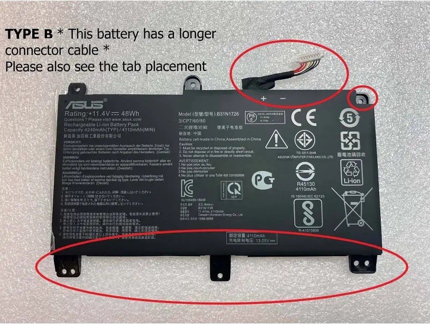 ASUS B31N1726 Laptop Battery 11.4V 48Wh 4240mAh Li-Ion Black