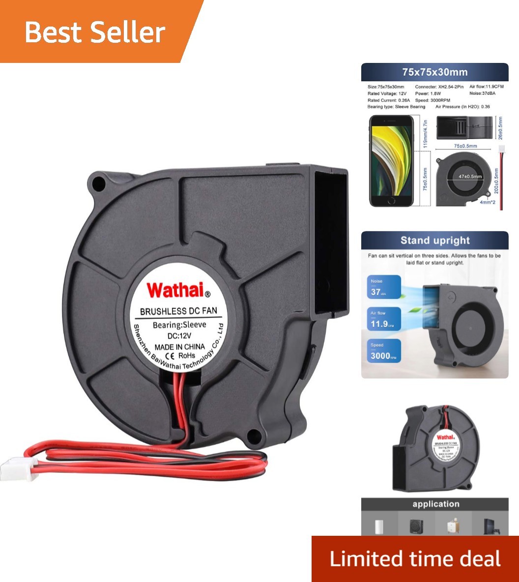 Efficient 12V 75mm Brushless Fan - Whisper-Quiet 3000 RPM Blower Solution