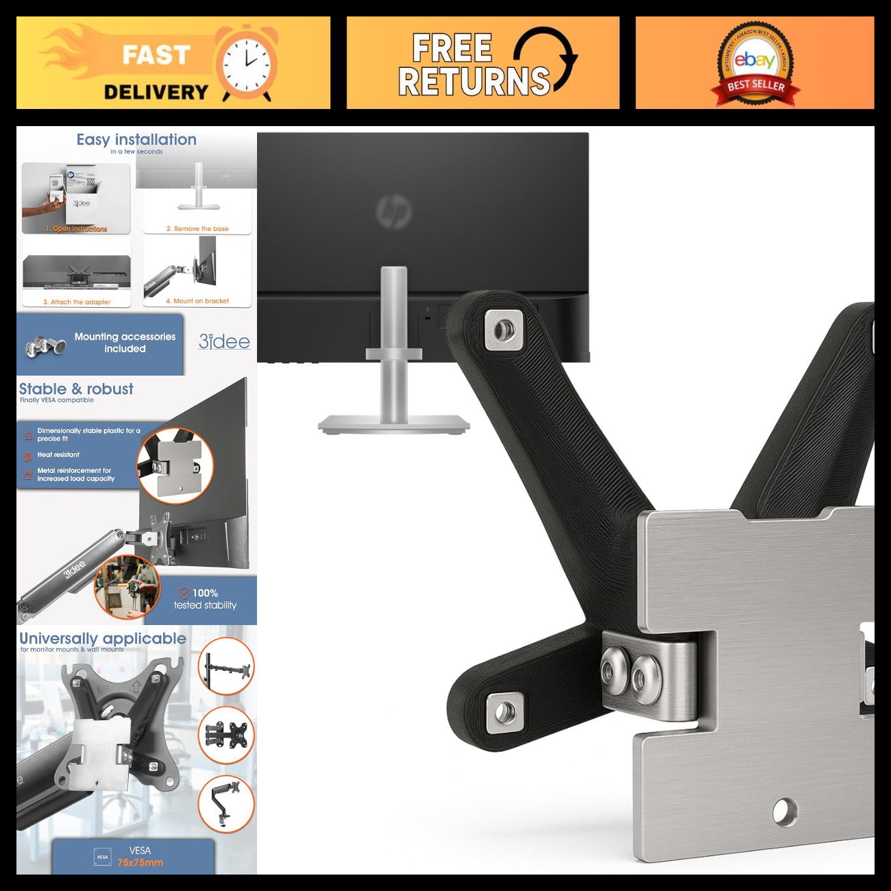 VESA Mount Bracket for HP Monitors M24h M27h 524sh 527sh - Easy Install, Stable