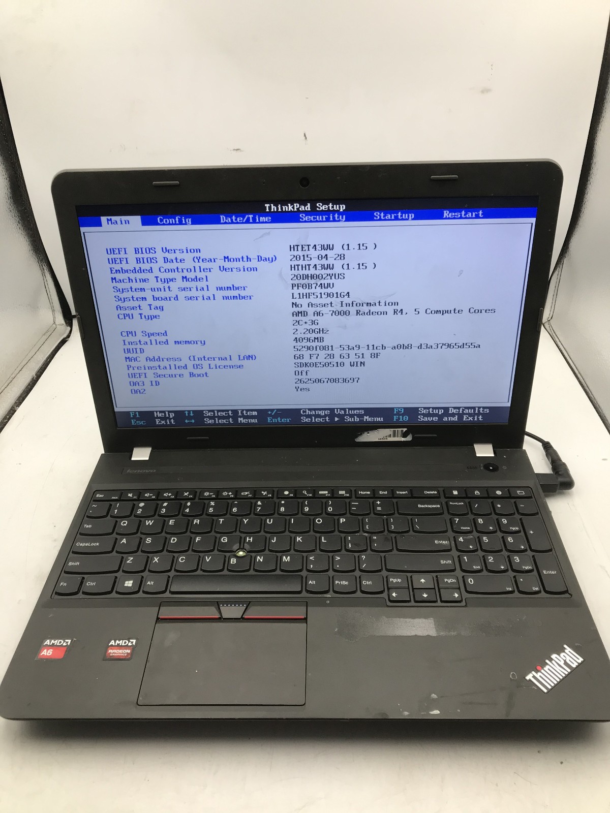 LENOVO THINKPAD E555 - BOOTS TO BIOS - AMD A6 7000 - NO RAM - READ DESCRIP - BB