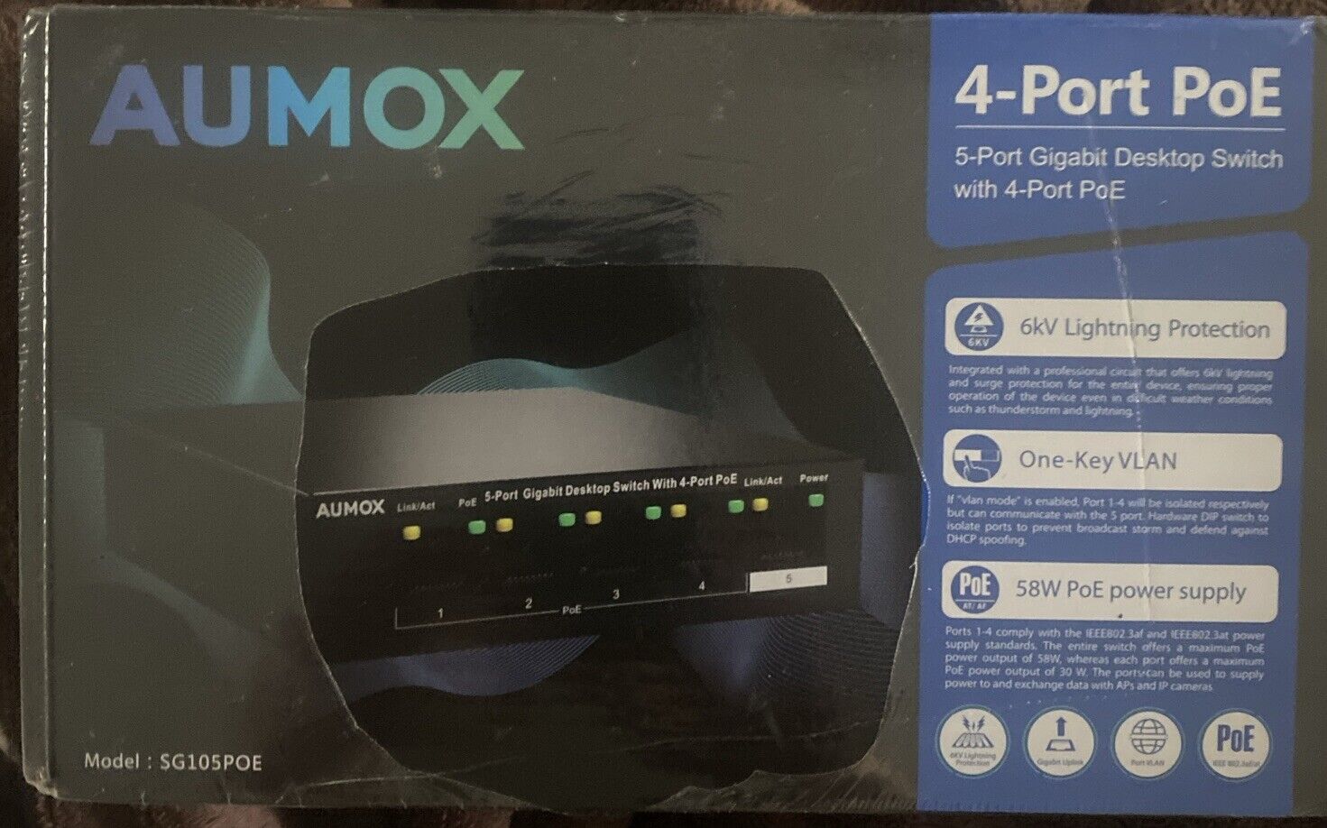 Aumox 5 Port Gigabit Ethernet PoE Switch, 4 Port PoE 58W (SG105POE) Black