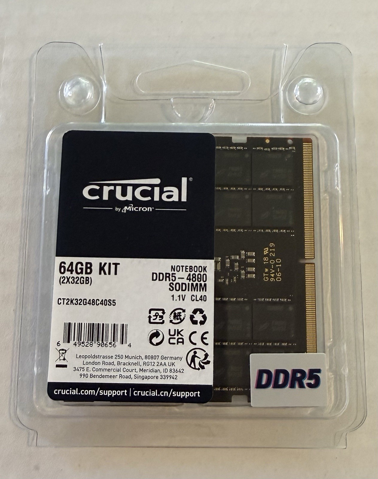 Crucial 64GB (2x32GB) DDR5-4800 262-Pin SO-DIMM RAM CT2K32G48C40S5 NEW Sealed