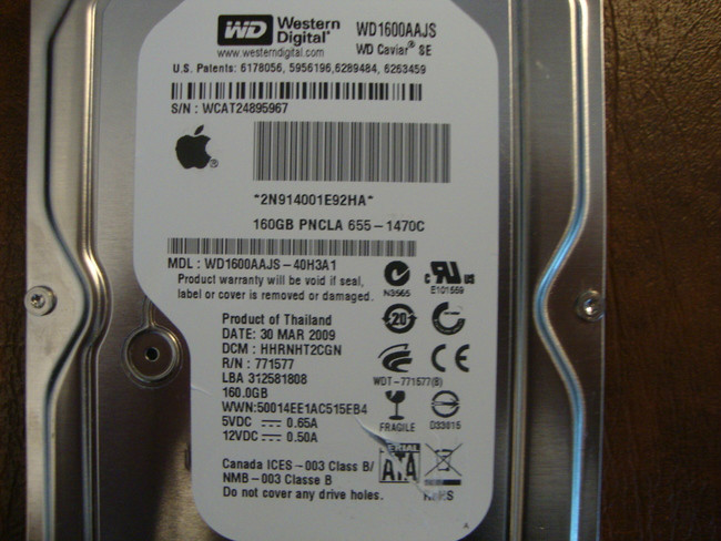 WD WD1600AAJS-40H3A1 DCM:HHRNHT2CGN Apple#655-1470C 160gb 3.5" Sata HDD