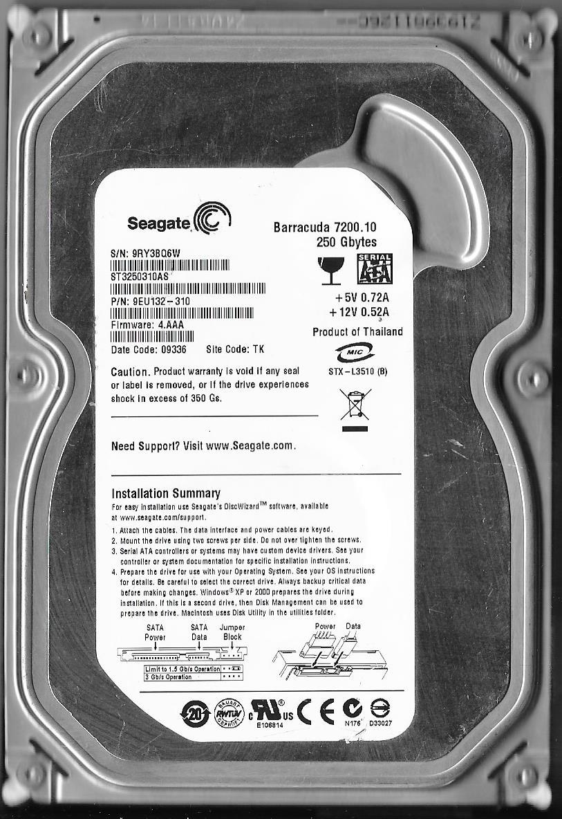 SEAGATE BARRACUDA ST3250310AS 250GB SATA HARD DRIVE P/N: 9EU132-310 FW:4.AAA  TK
