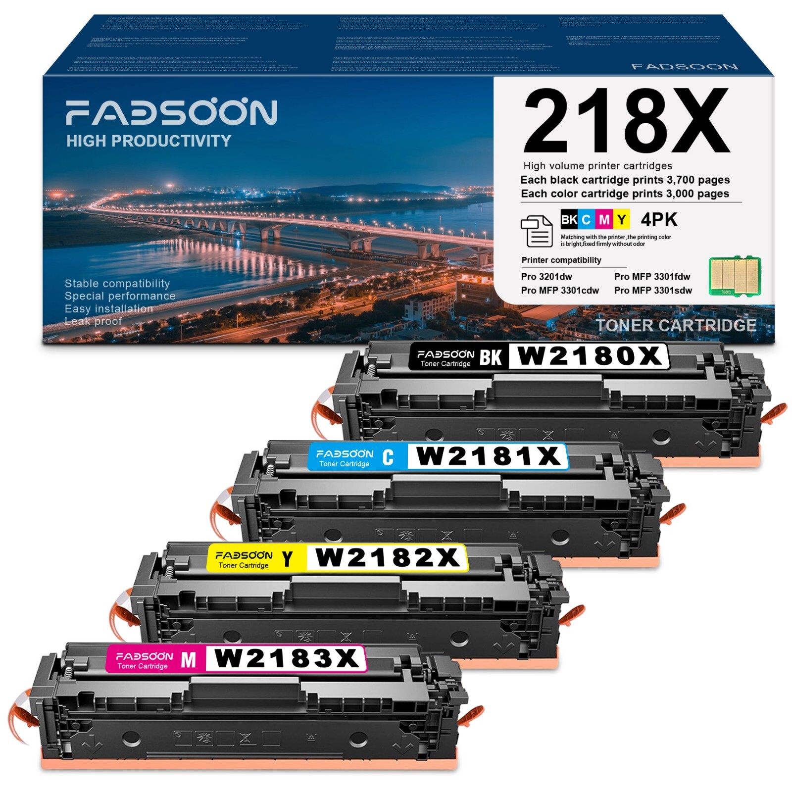 FADSOON® 4PK 218X W2180X High Yield Toner for 3201dw MFP 3301cdw 3301fdw 3301sdw