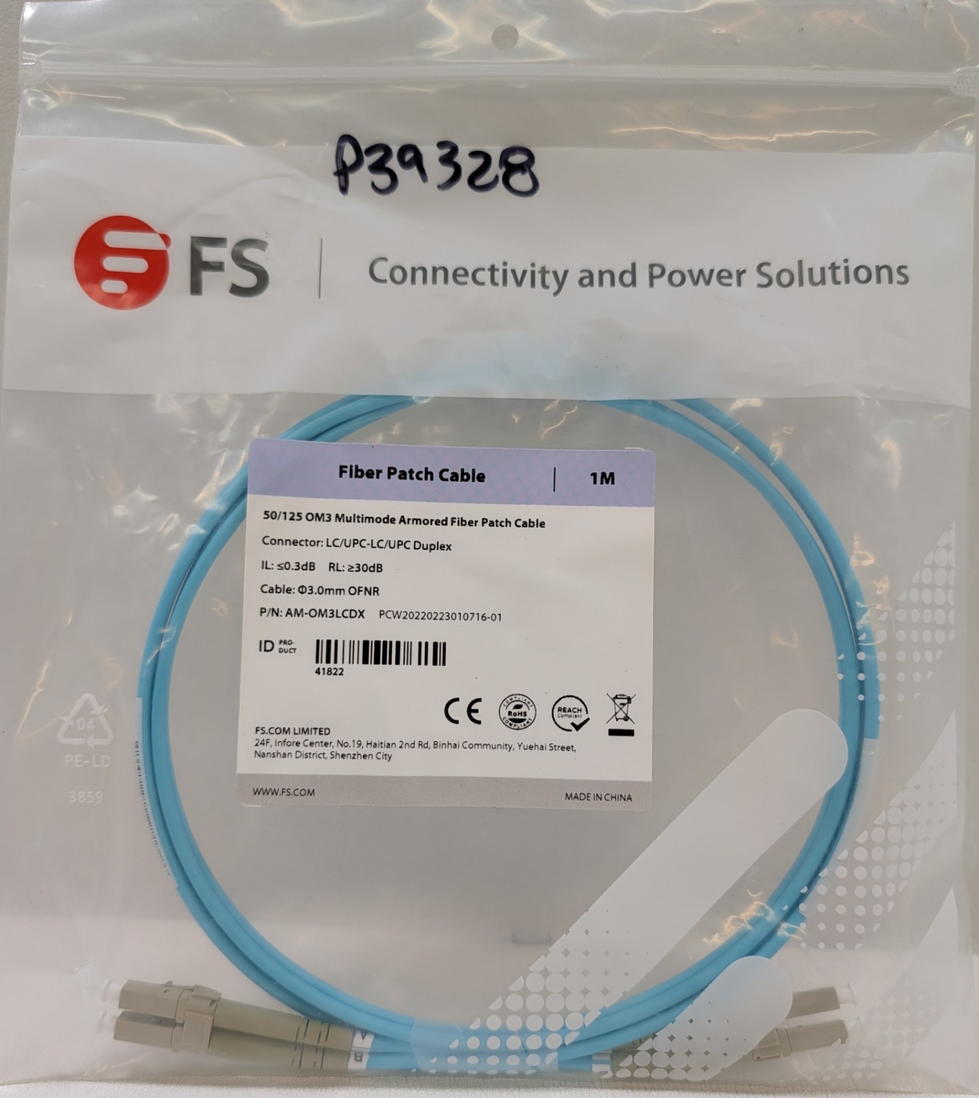 FS.com 1M OM3 Multimode Armored Fiber Optic Patch Cable LC/UPC Duplex 41822, NEW