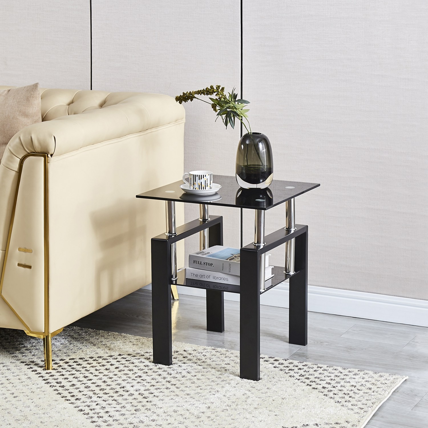 2Pcs Tempered Glass Sofa Table 2-Tier Black End Table  for Living Room Bedroom