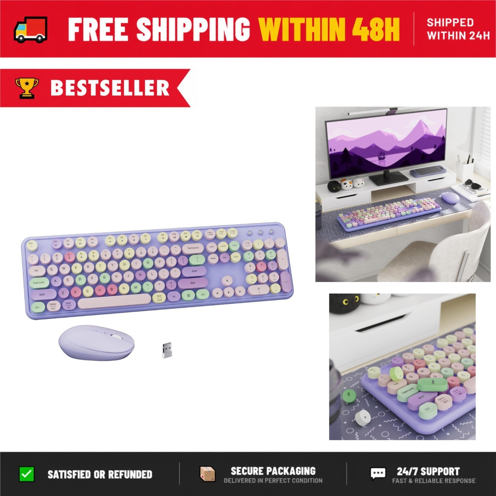 FCPLU Wireless Keyboard and Mouse Combo Purple Colorful 2.4GHz Full-Size