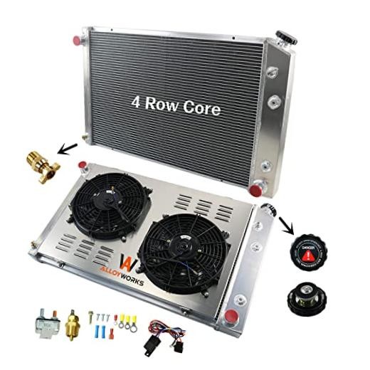 ALLOYWORKS 4 Row All Aluminum Radiator Shroud Fan Thermostat Kit for Chevy
