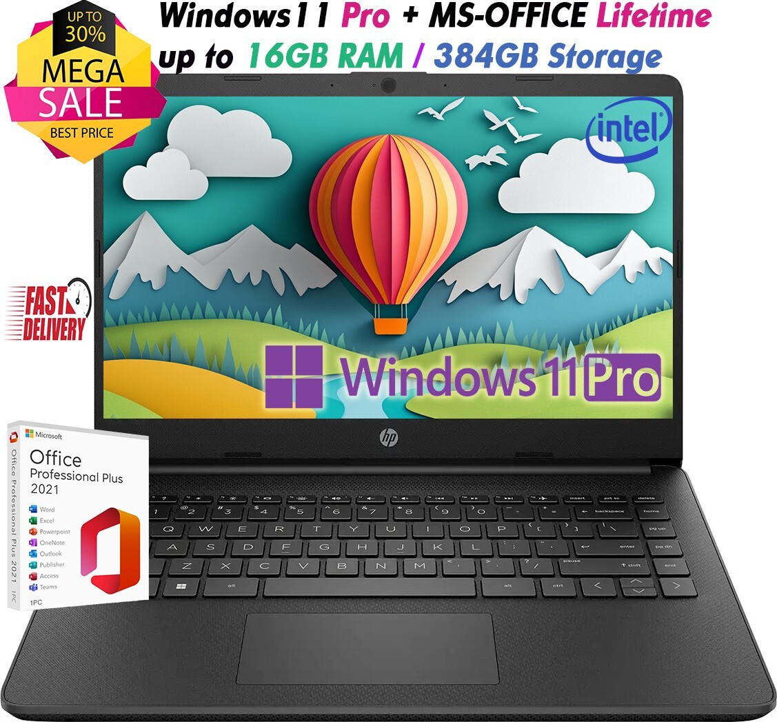 HP 14" Laptop HD Intel 4-Core Up to 16GB RAM&384GB Storage Win11Pro+OFFICE Black