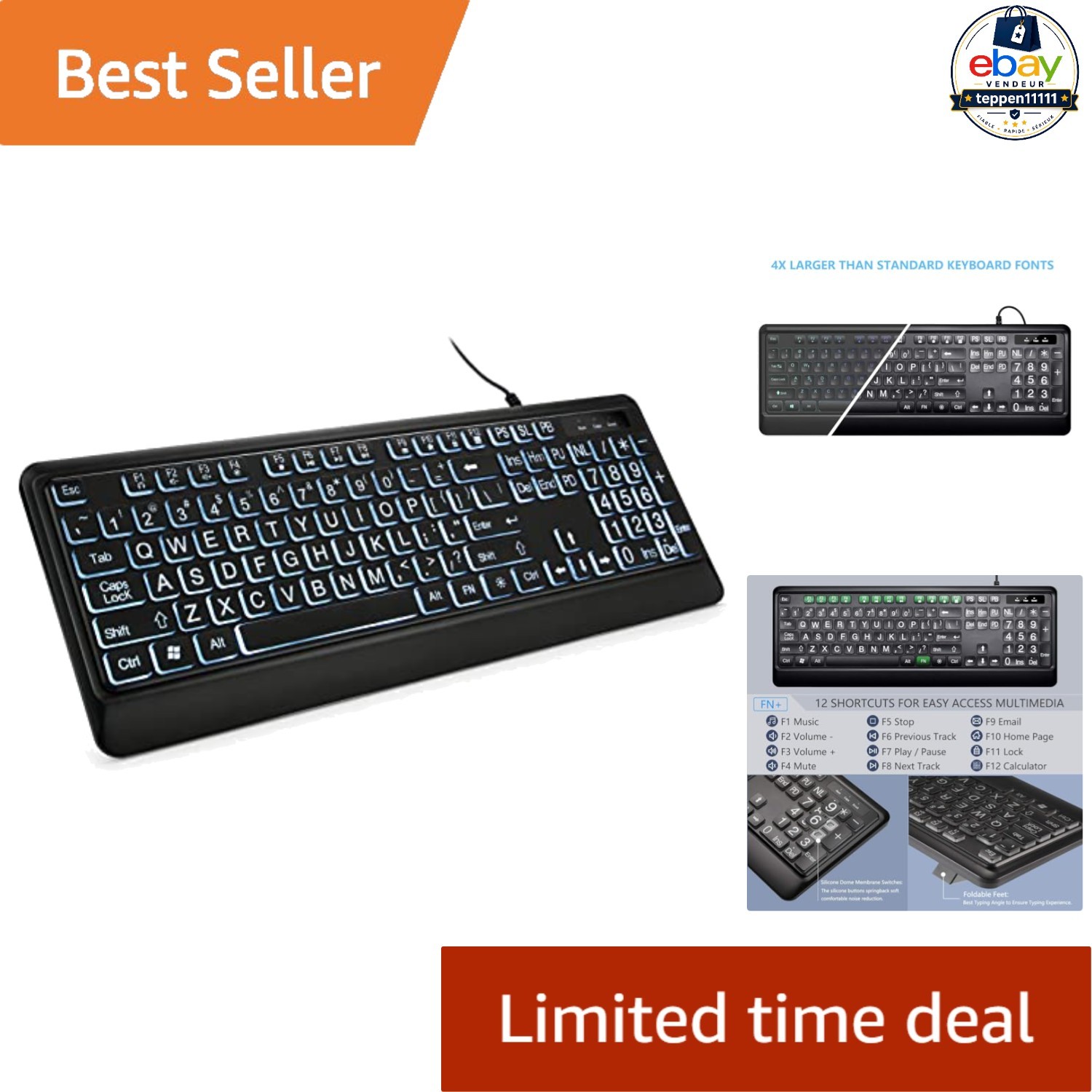Large Print Backlit Keyboard USB Wired Full Size Black 104 Key LED