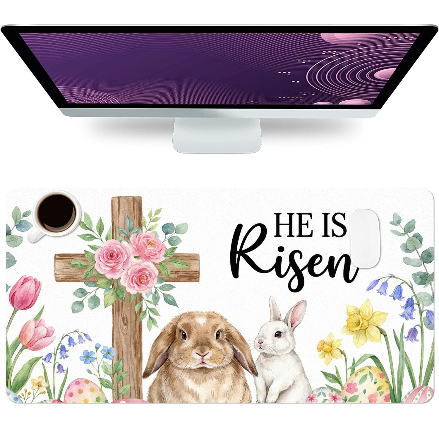 Easter Desk Mat, Bunny He is Risen Large Mouse Pad for Desktop, PU Leather Wa...