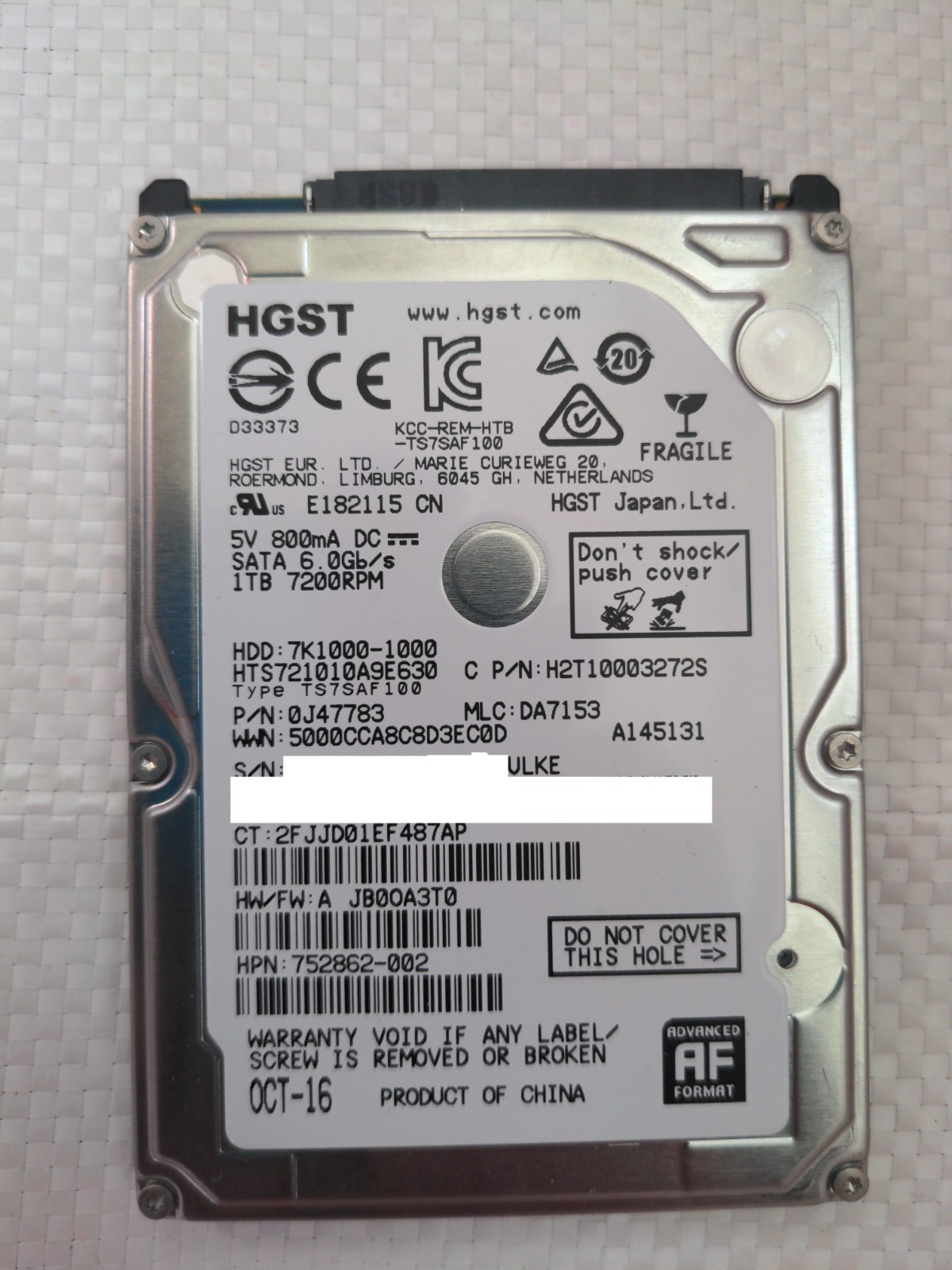 HGST Travelstar 7K1000 1TB 2.5" SATA Internal Hard Drive - Tested, Low Hours