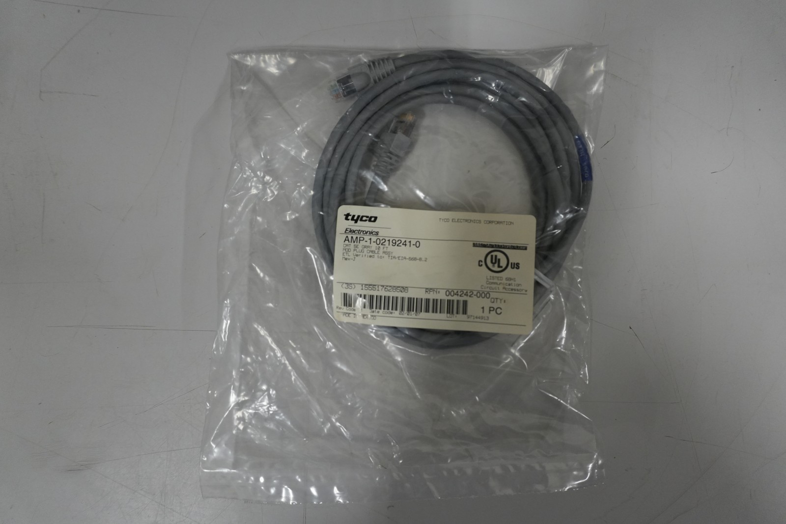Tyco AMP Cat 5E 10ft Ethernet Patch Cable Gray RJ45 Network Cord NEW