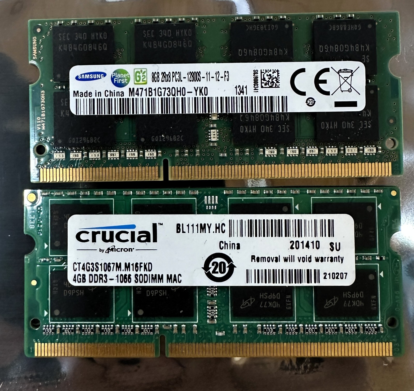 Samsung 8GB DDR3L-1600 + Crucial 4GB DDR3-1066 Laptop RAM SODIMM Lot
