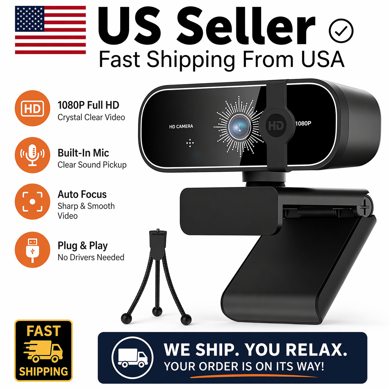 Webcam with Privacy Cover and Tripod Stand, PC Camera with Noise-Cancelling Mic