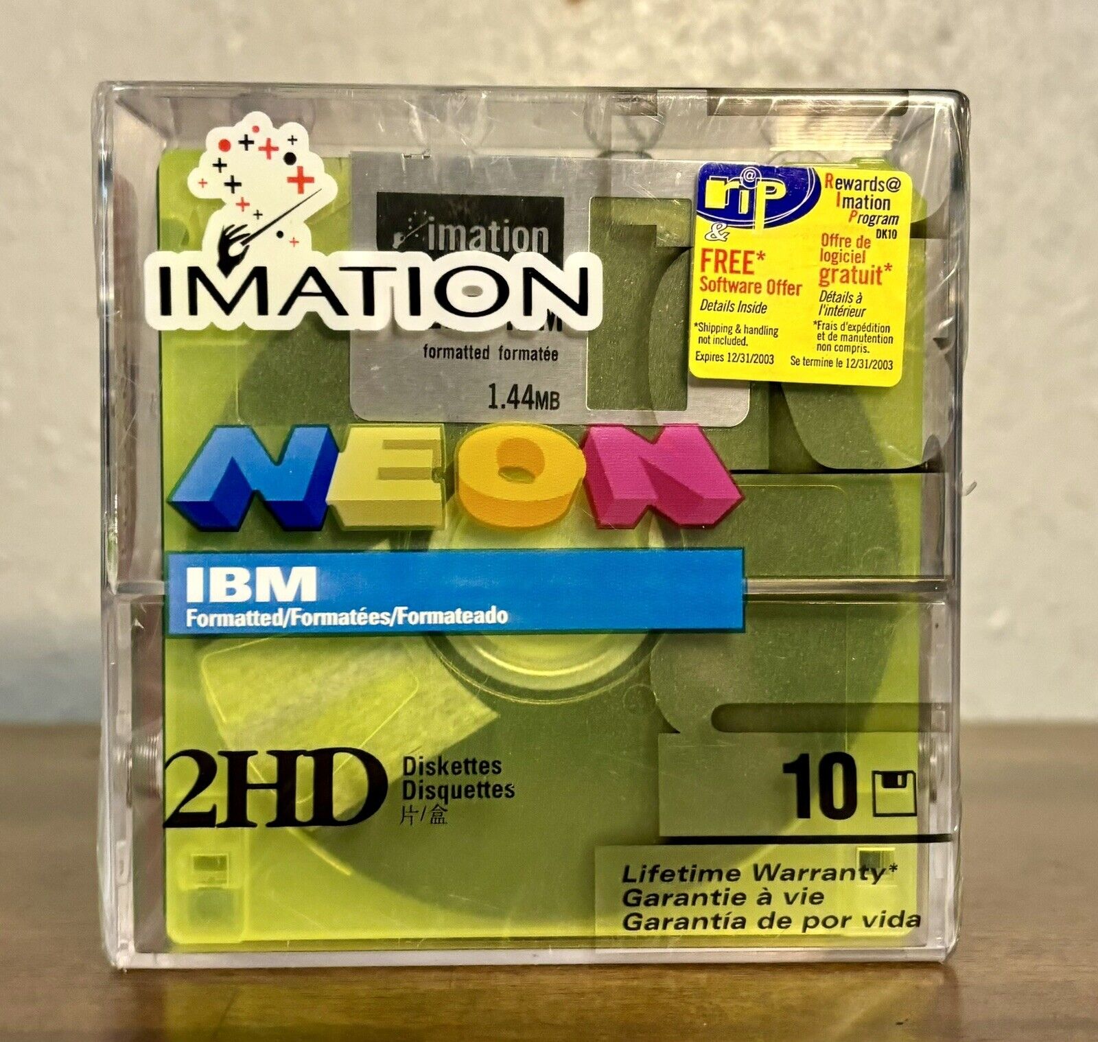 New IMATION Neon Colors 2HD Floppy Diskettes 1.44MB IBM Formatted 10 Pack