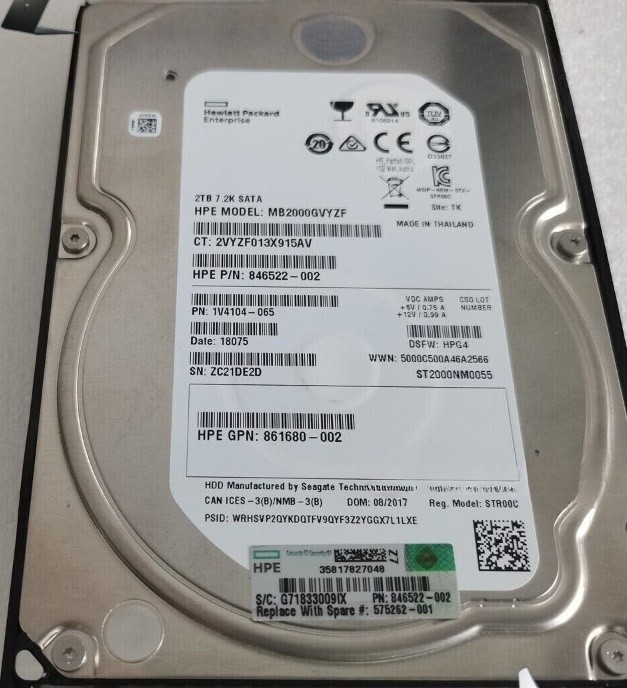 New HPE 872771-001 872489-B21 8 2TB 7.2K SATA 6G 3.5" SC Midline HDD Hard Drive