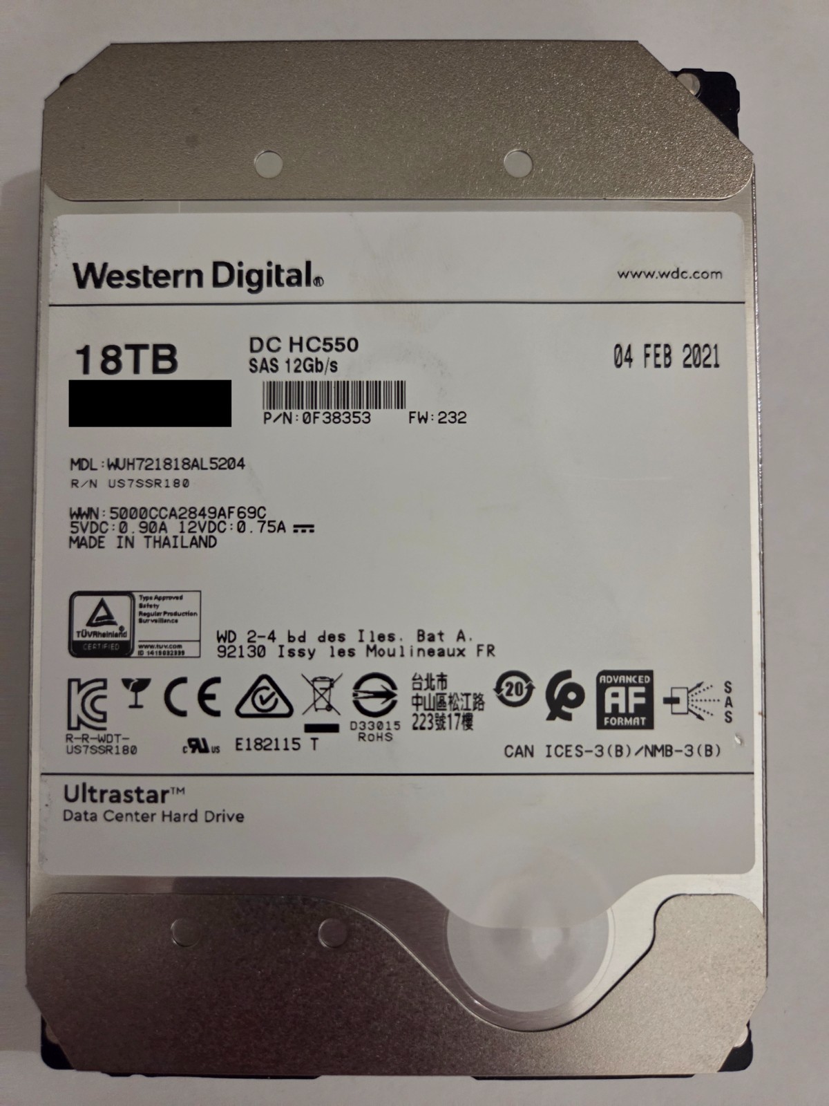 WD DC HC550 18TB 7.2K SAS 12Gbs 512MB 3.5" HDD WUH721818AL5204 0F38353