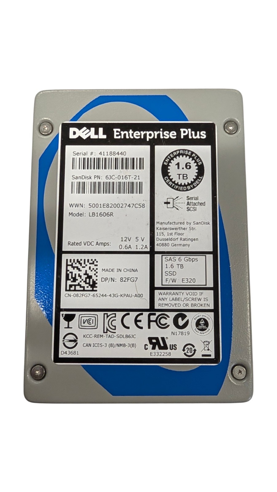 DELL 82FG7 1.6TB SAS SSD 2.5" 6Gbps Server Drive SanDisk 6JC-016T-21