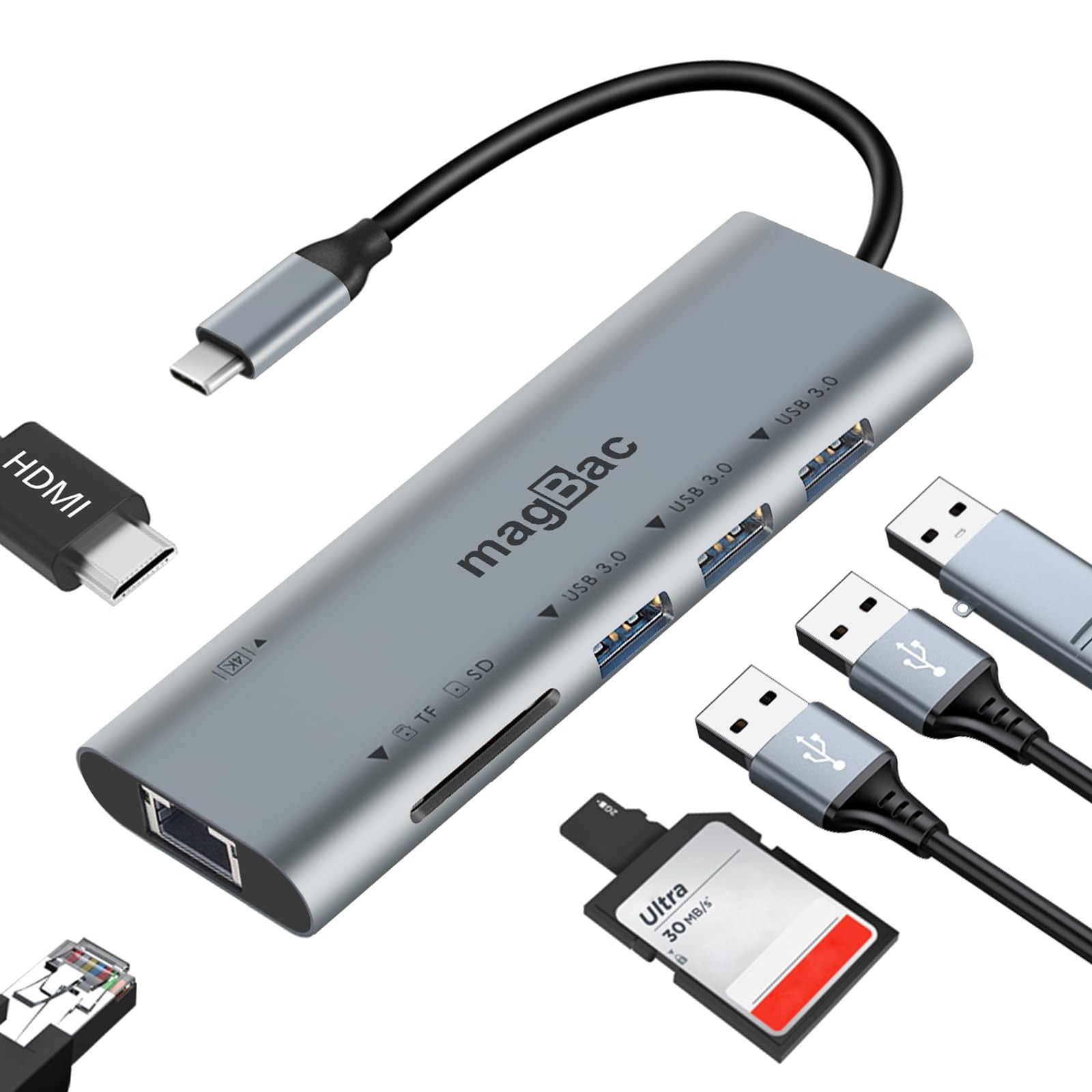 MagBac USB C Docking Station 7 in 1 C HUB Multiport Adapter Space grey
