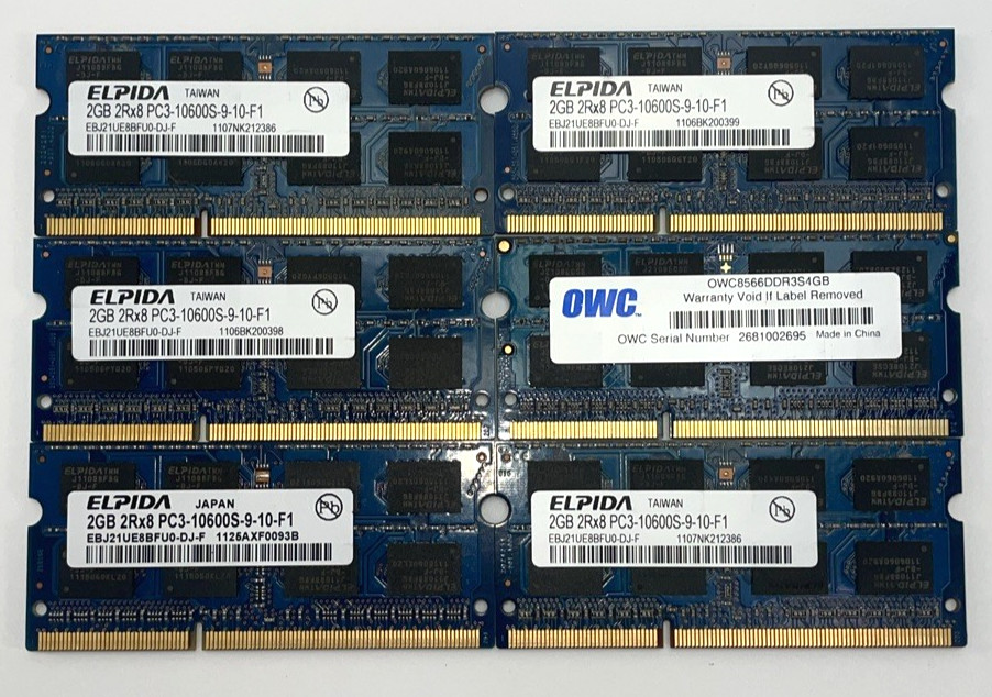 Lot of 6 Elpida 2GB DDR3 Laptop RAM PC3-10600S 1333MHz 2Rx8 SODIMM Memory 12GB