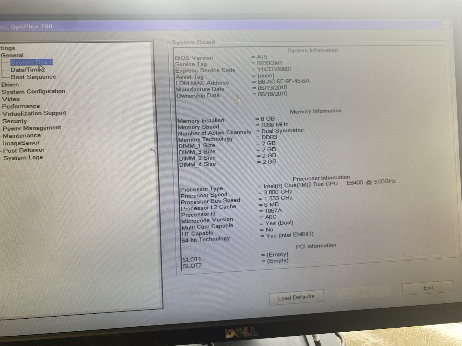 Used Dell Optiplex 780  Motherboard   Intel Core2 Duo  CPU, 8GB