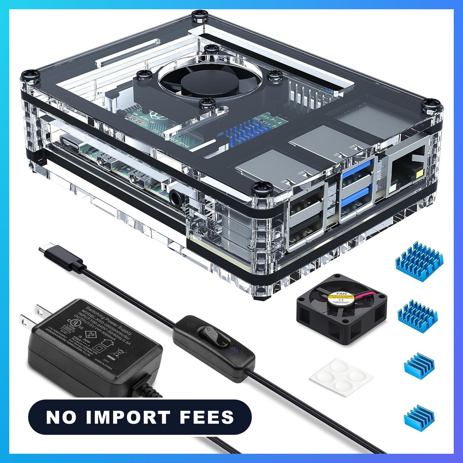 Case for Raspberry Pi 4 with Fan 5V 3A Power Supply 4 Pcs Heatsinks