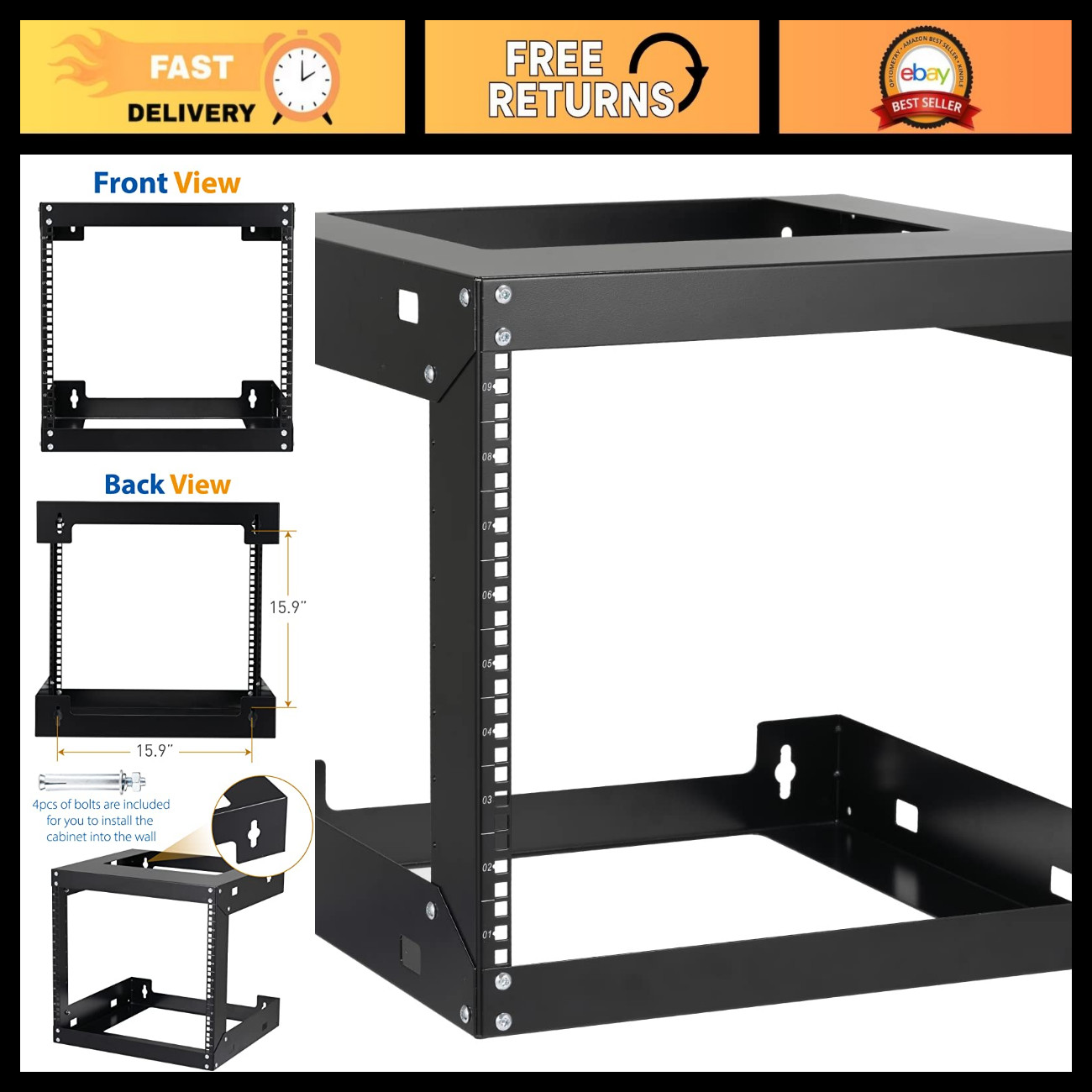 9U Wall Mount Rack Open Frame 19" Server Equipment 2 Post Network Cabinet - 18"