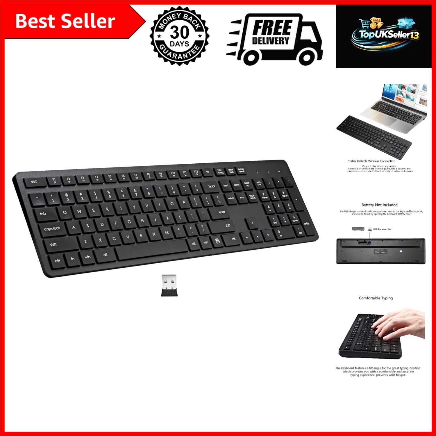 USB Silent Wireless Keyboard for Laptop Computer Full Size Number Pad Black