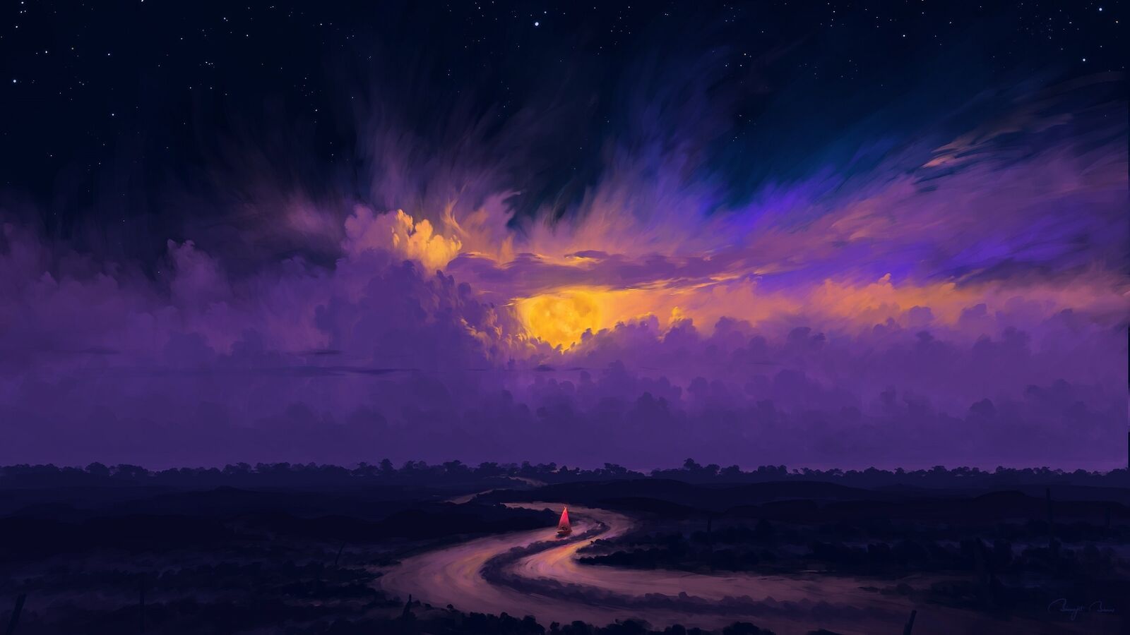 Landscape  painting night sky moon clouds river sailing Custom Gaming Mat Desk