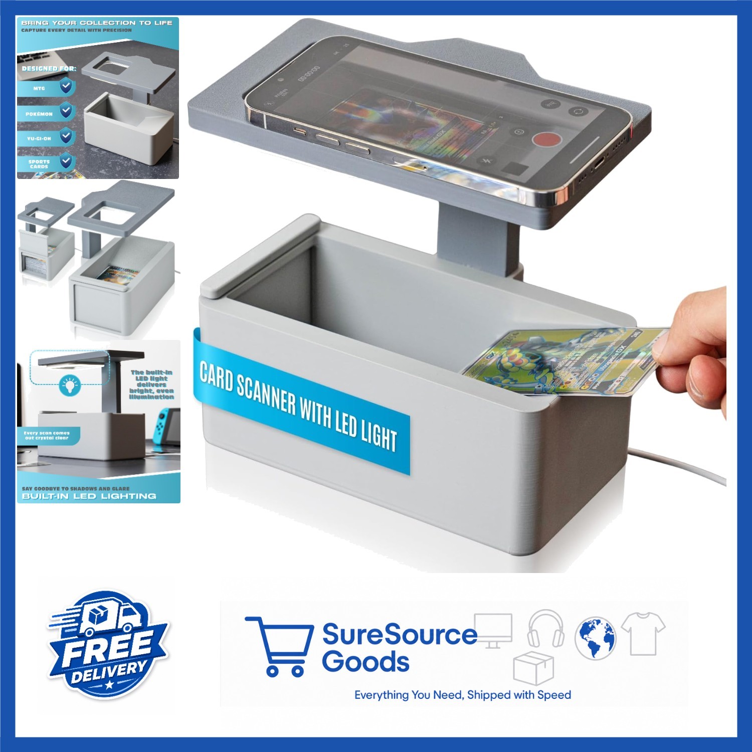 Portable Card Scanner for TCG Cards with LED Light and Smartphone Compatibility
