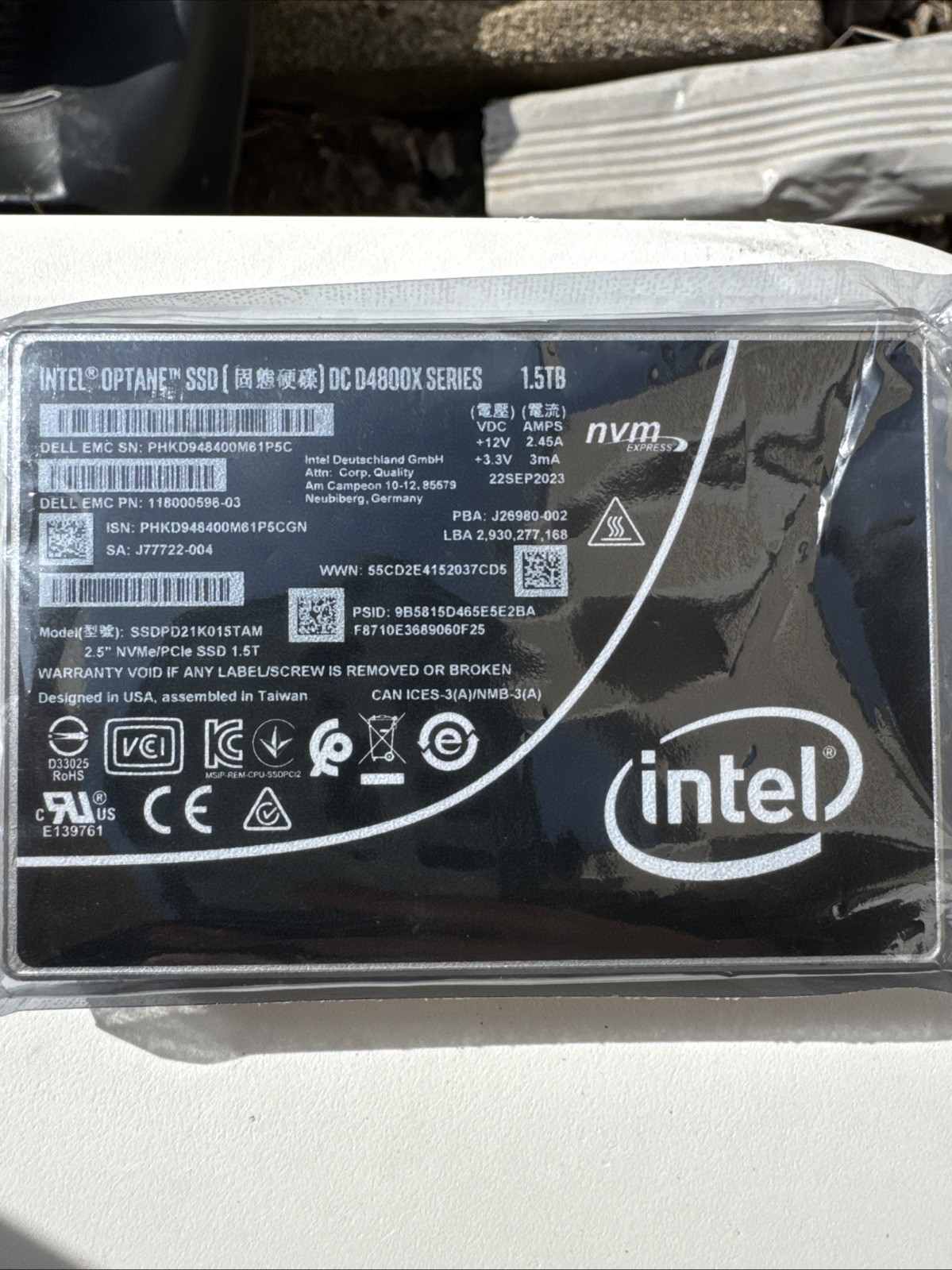 EMC Intel 1.5TB Optane DC D4800X NVMe PCIe 3.0 SSD SSDPD21K015TAM 2.5”