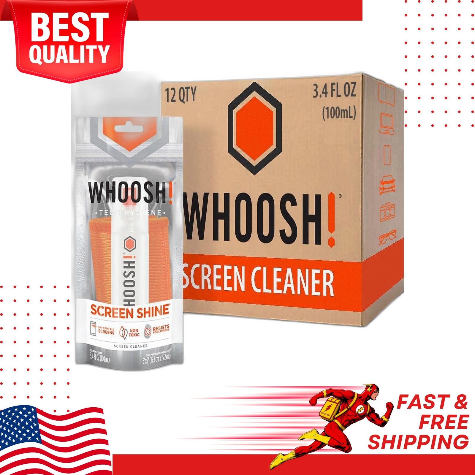 WHOOSH Screen Shine Go XL Screen Cleaner Spray 3.4 oz Microfiber Cloth 12 Pack
