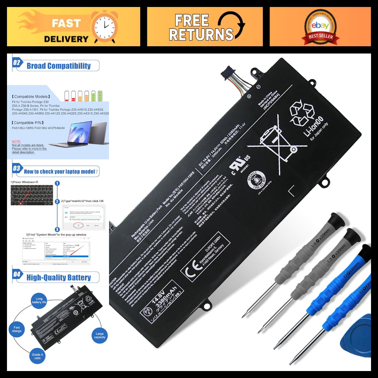 14.8V 52Wh Laptop Battery for Toshiba Portege Z30 Series - High Capacity Replace