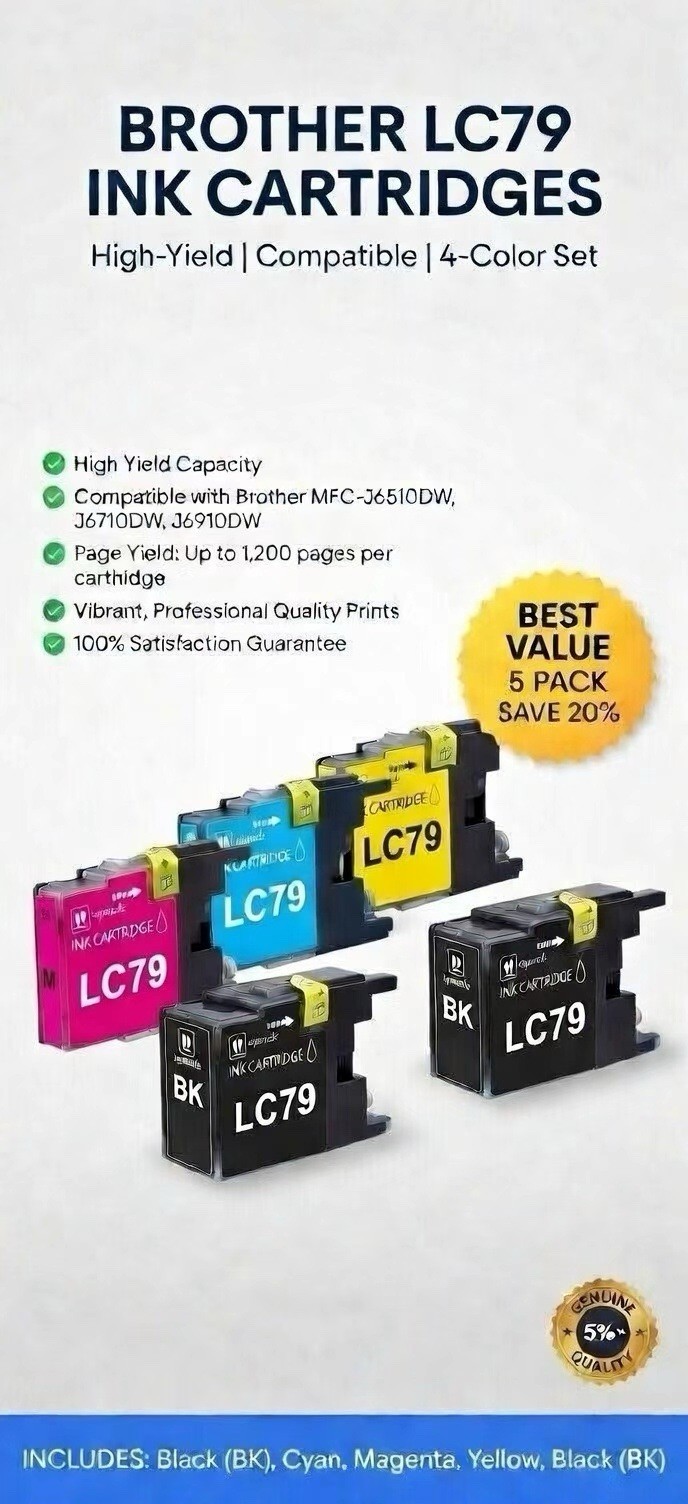 5Pk TCT LC79 LC79BK LC79C LC79M LC79Y HY For Brother J6510DW J6710DW Comp Ink