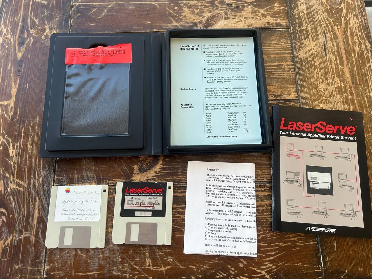 Vintage LaserServe AppleTalk Printer Server Software w Floppies Manual Case