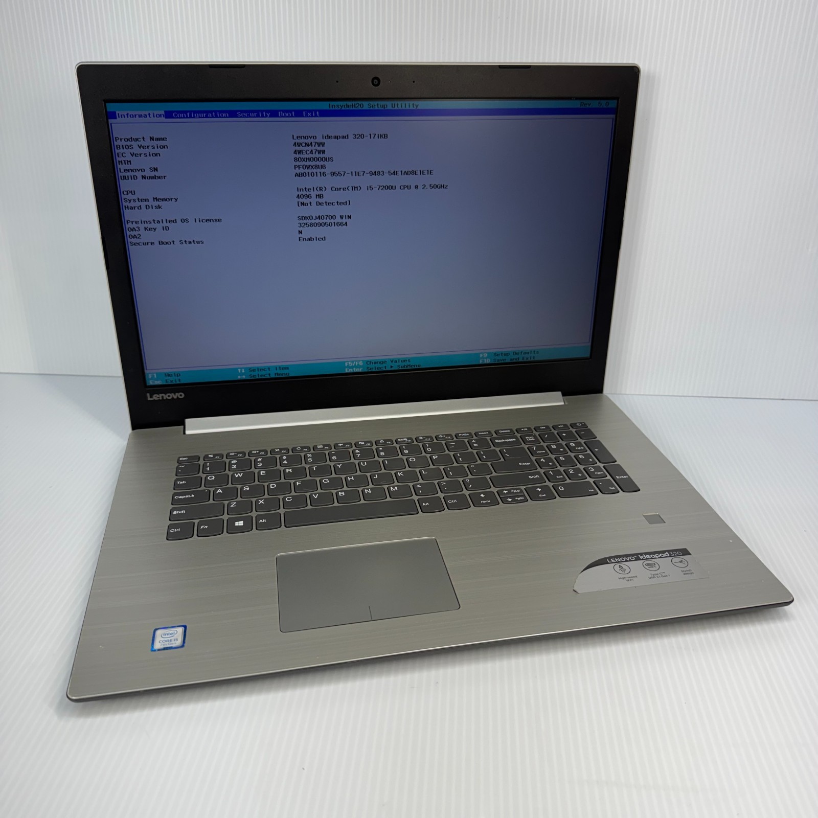 Lenovo IdeaPad 320-171KB Boots to BIOS Intel Core i5-7200U 17.3" AS IS PARTS