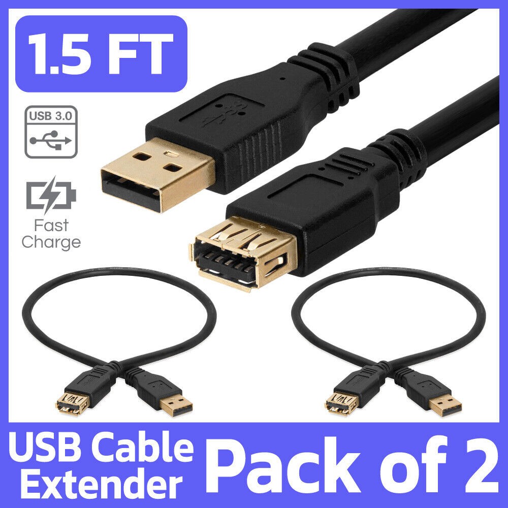 2 Pack USB Extension Cable 1.5 Feet USB Cable Extender Cord SuperSpeed USB 3.0