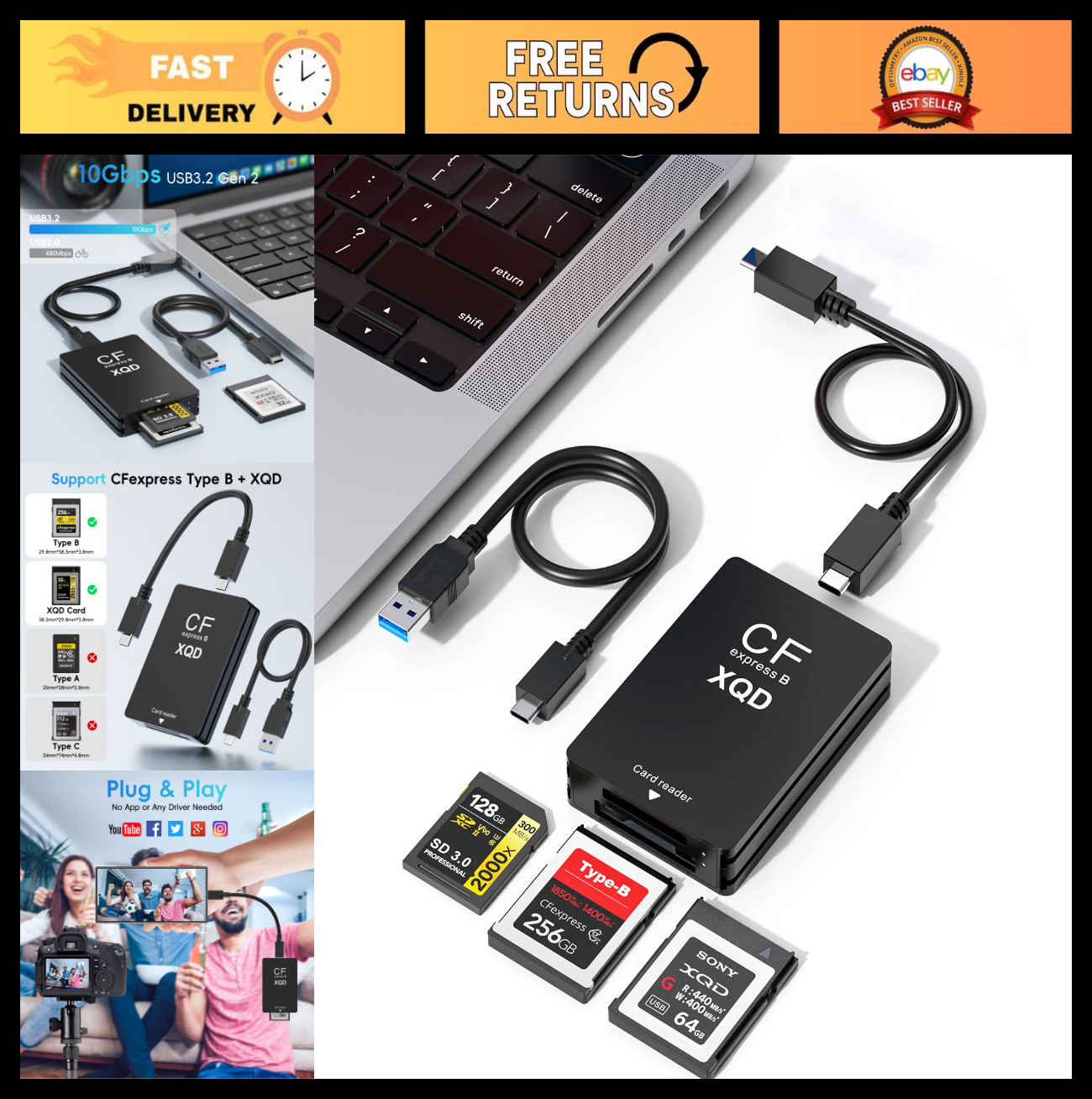 3-in-1 CFexpress XQD SD Card Reader USB 3.2 Gen 2 Thunderbolt 3/4 Adapter - 10Gb