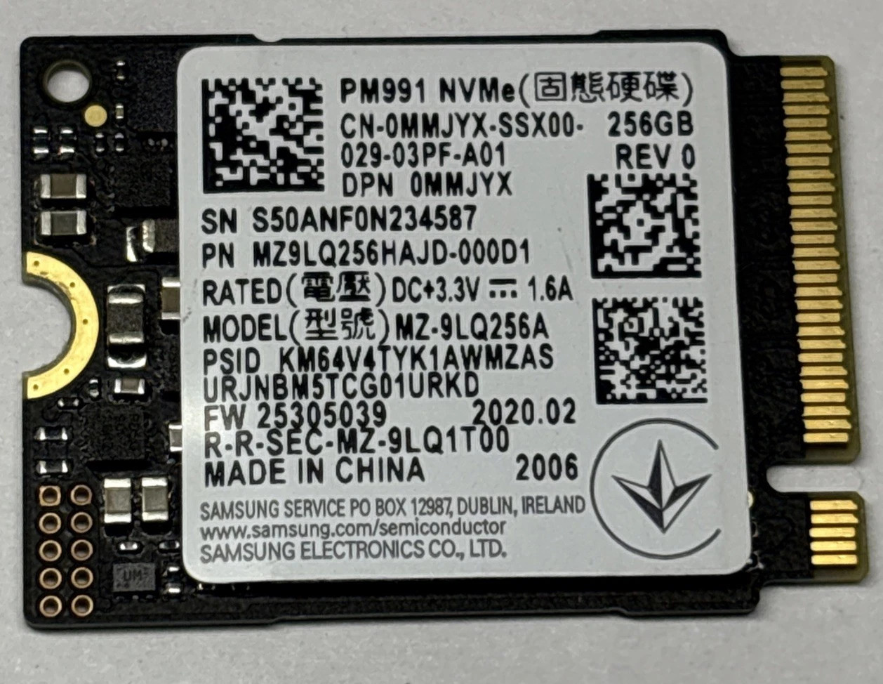 SAMSUNG PM991 256GB M.2 NVME SSD DRIVE - BLACK