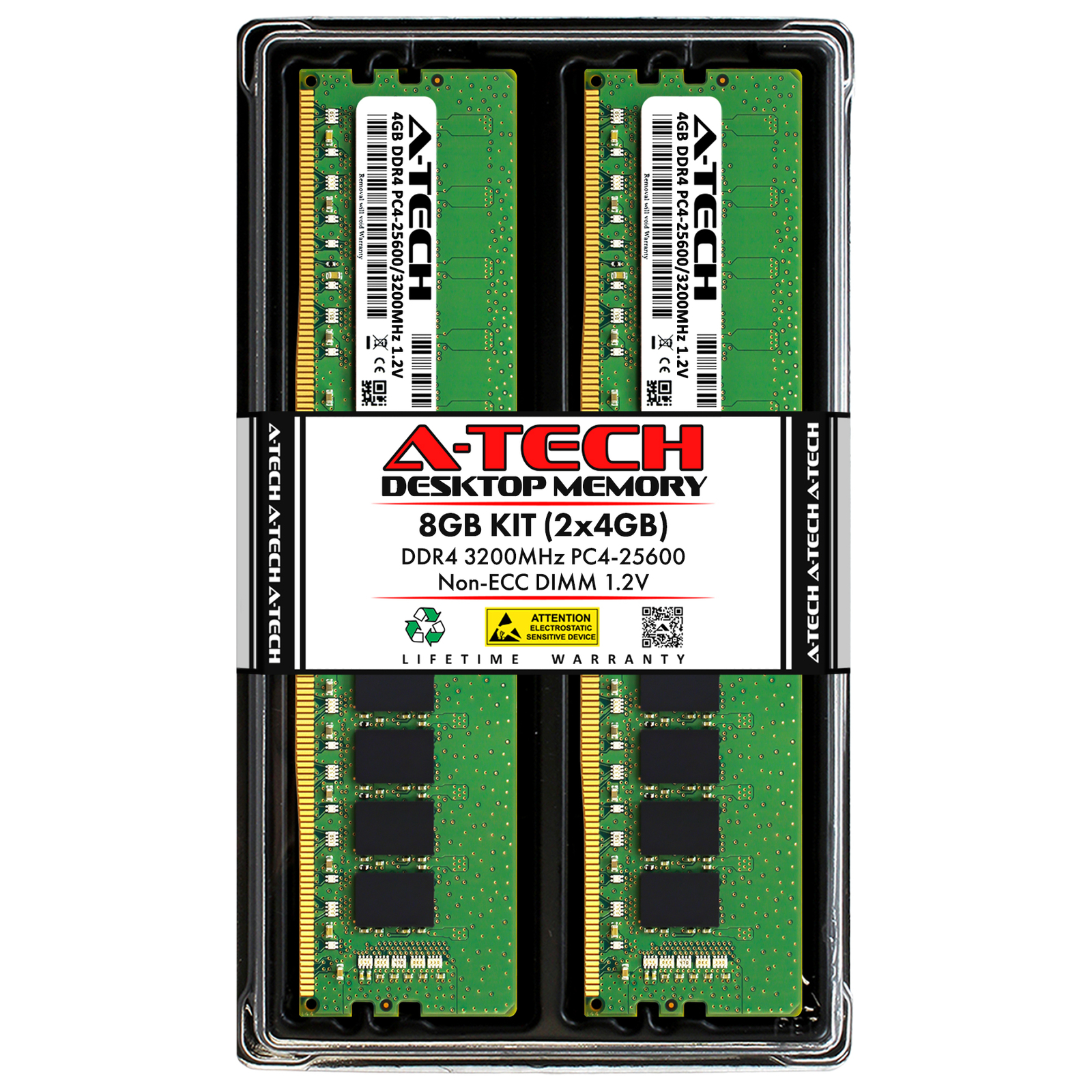 A-Tech 8GB Kit 2x 4GB PC4-25600 DIMM DDR4 3200 1.2V Non-ECC Desktop Memory RAM