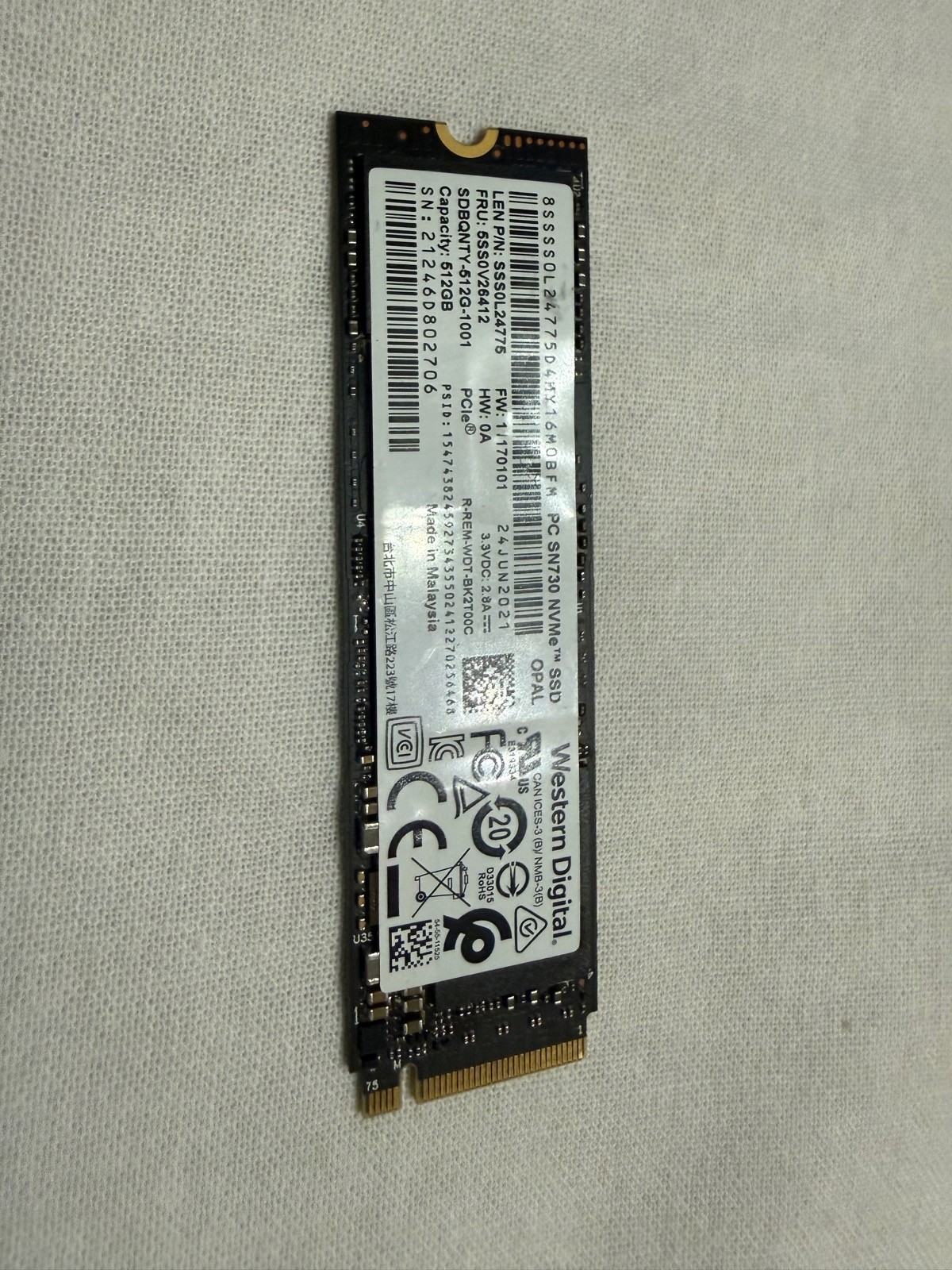 WD PC SN730 512GB NVMe M.2 2280 PCIe Gen3 x4 SSD SDBQNTY-512G Lenovo