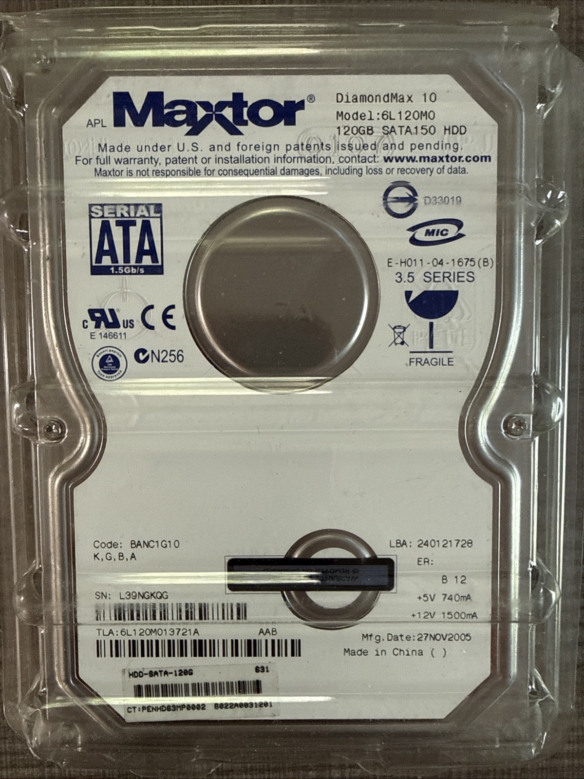 Maxtor DiamondMax 10 Hard Drive 6L 120MO 120GB SATA150 HDD NOV 2005
