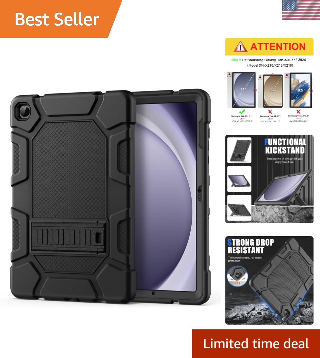 Heavy Duty Shockproof Rugged Black Case for Samsung Galaxy Tab A9+ 11" 2024