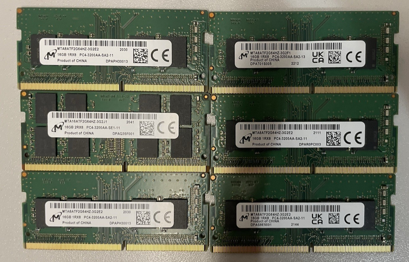 Lot of 6 Micron 16GB DDR4-3200 PC4-25600 1Rx8 SO-DIMM MTA16ATF2G64HZ