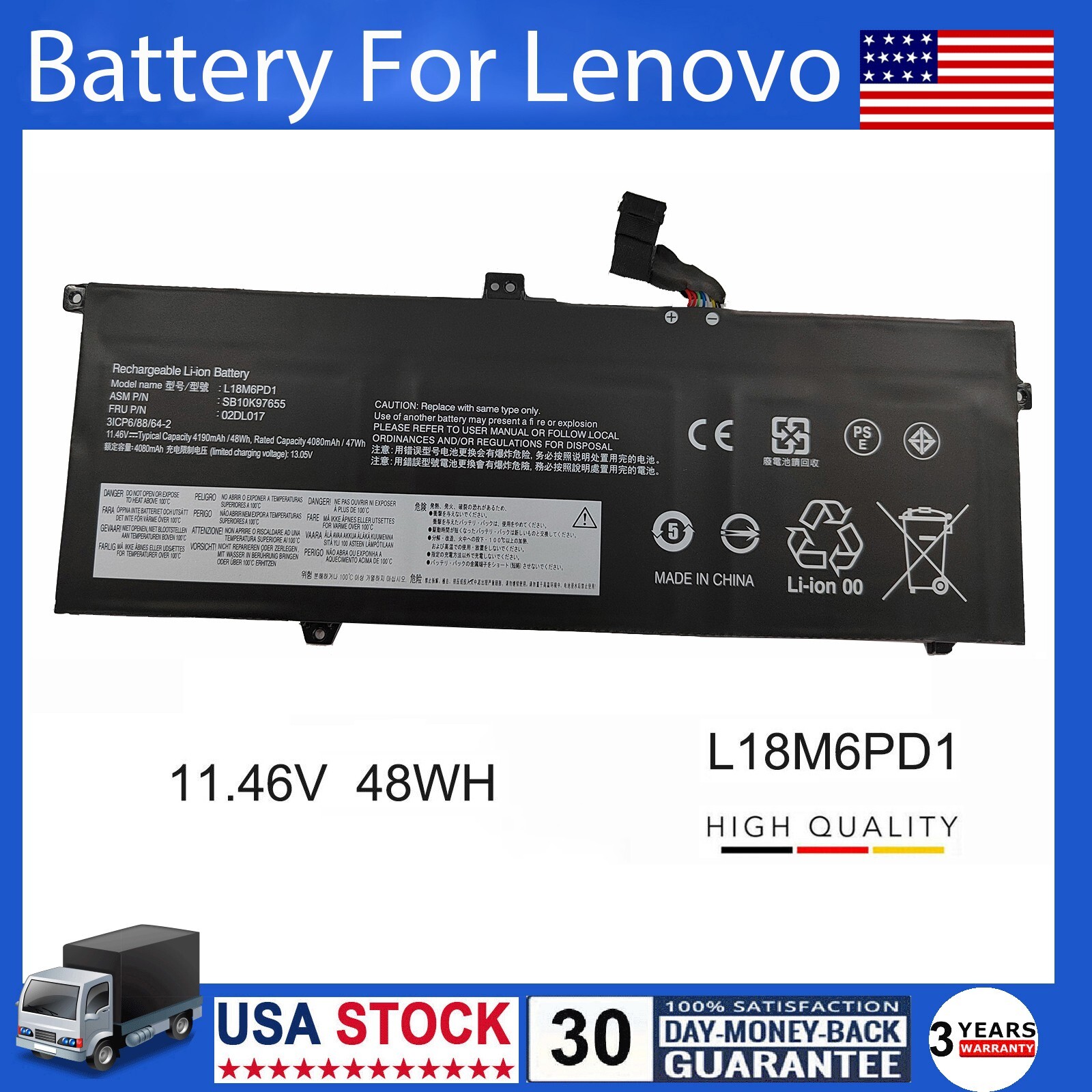 L18M6PD1 L18C6PD1 Battery For Lenovo ThinkPad X13 X390 X395 Series 02DL017 US