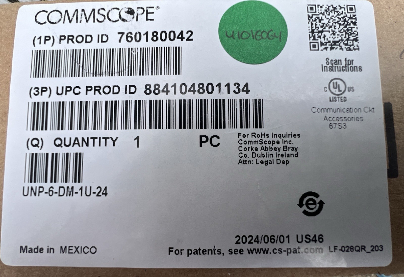 Two (2) Commscope UNP-6-DM-1U-24 Uniprise 24 Port Cat6 Panel 1U 760180042