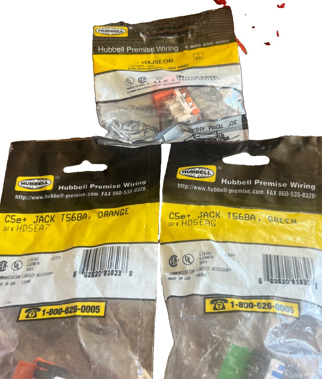 Lot of 3 Hubbell Premise Wiring Cat5e Keystone Jacks HXJ5EOR HD5EAG HD5EAO New