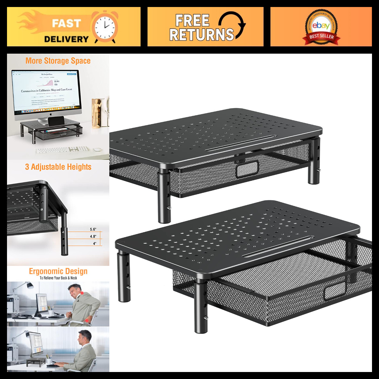2 Pack Adjustable Monitor Stand Riser with Metal Drawer, 3 Height Options
